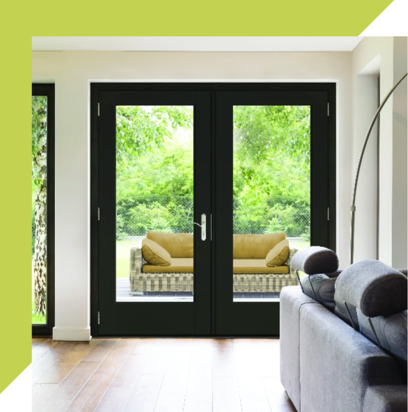 interior french doors leading to back yard with black surround and glass window