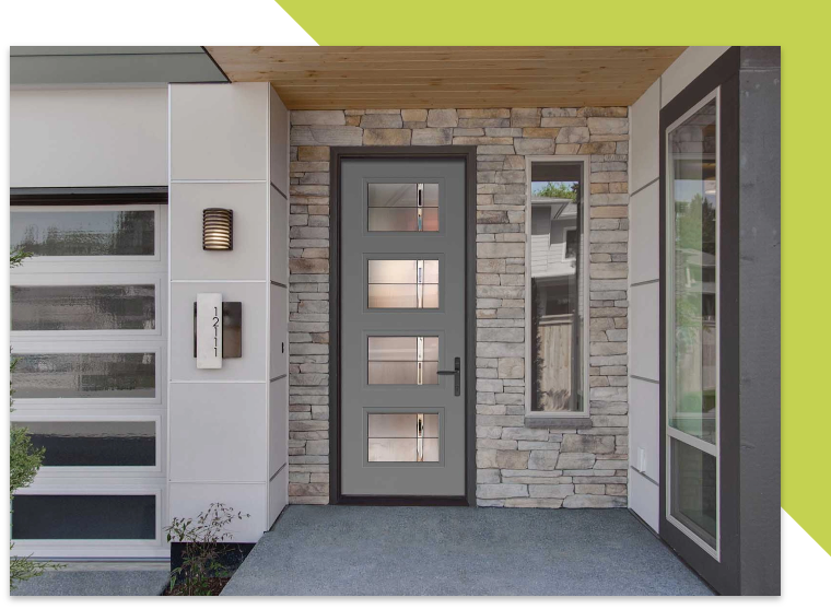 exterior front of modern home with grey surround front door and four design window panes